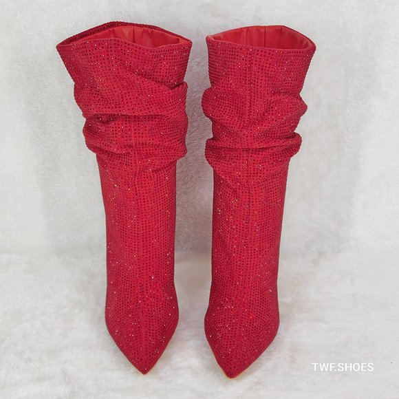 Resolve Sparkling Red Rhinestone High Heel Slouch Calf Boots New Years Bling - Picture 14 of 17